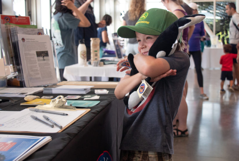 child hugs stuffed orca doll at a booth at the orca action month kick off festival