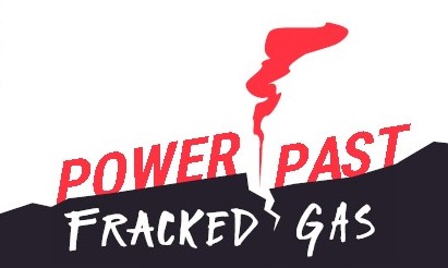 power past fracked gas logo with crack in the ground and a plume rising above the fissure