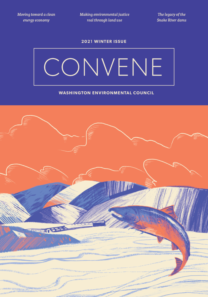 Convene 2021 Winter Issues; cover illustration features leaping salmon and snake river dam in hues of purple, cream, and salmon