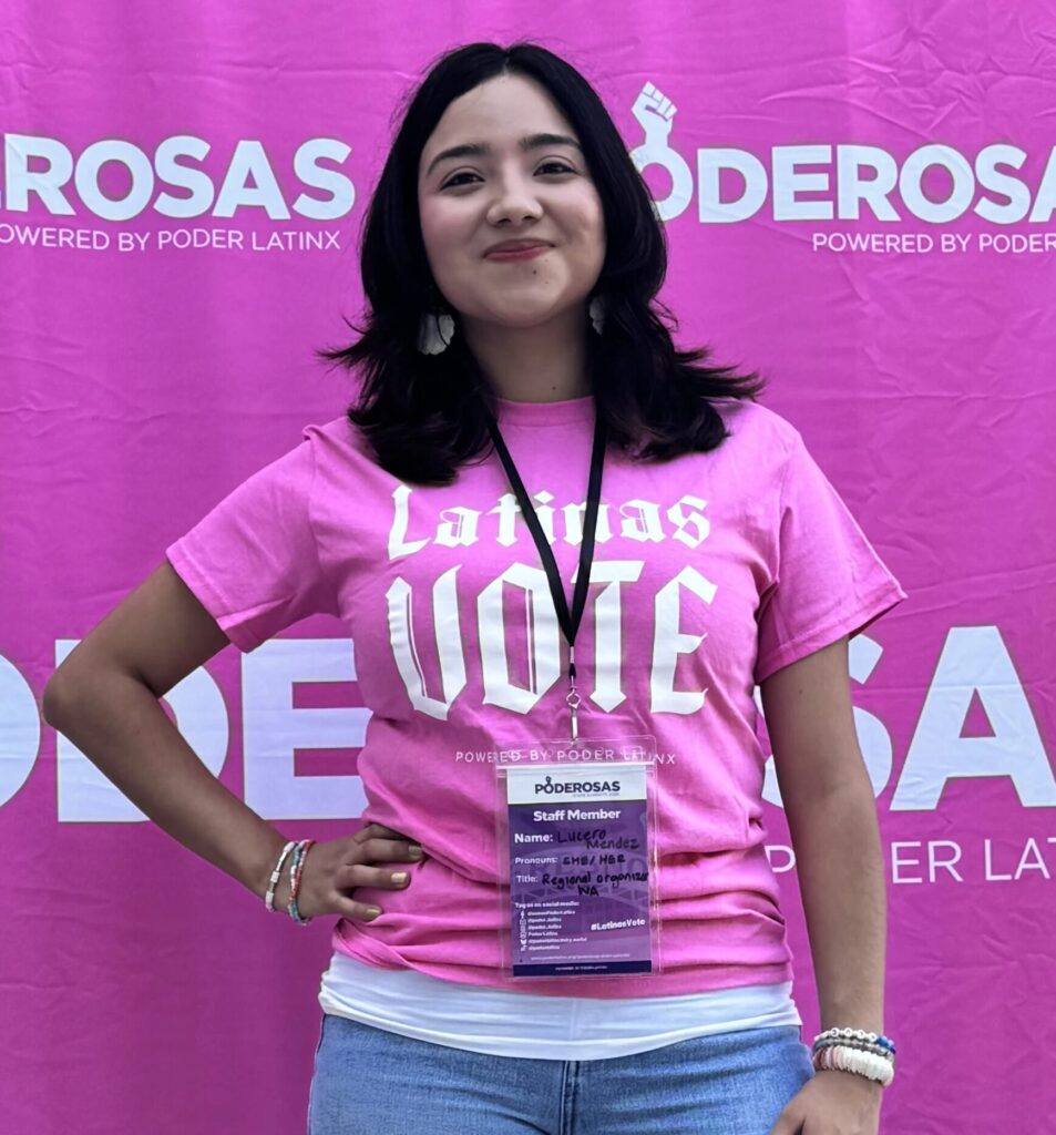 Lucero Mendez, Poder LatinX Regional Organizer in Yakima, stands at a Poderosas event.