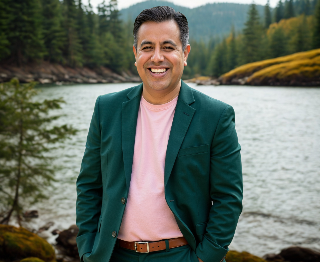 Oskar Zambrano, WCA Organizing Director, stands in front of a scenic river border by trees.